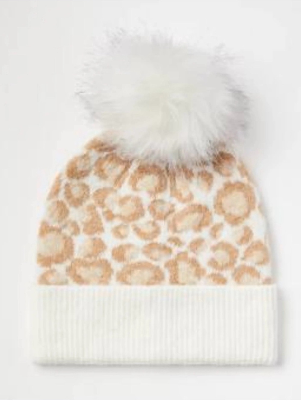 LOFT Cream Beanie with Tan Leopard Accents
